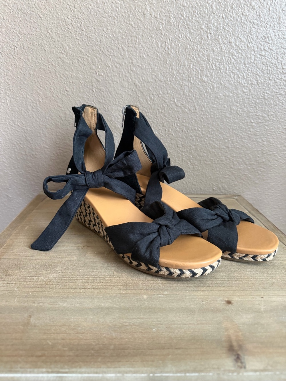 UGG Black Knotted Espadrille Wedge Sandals with Ankle Wrap
